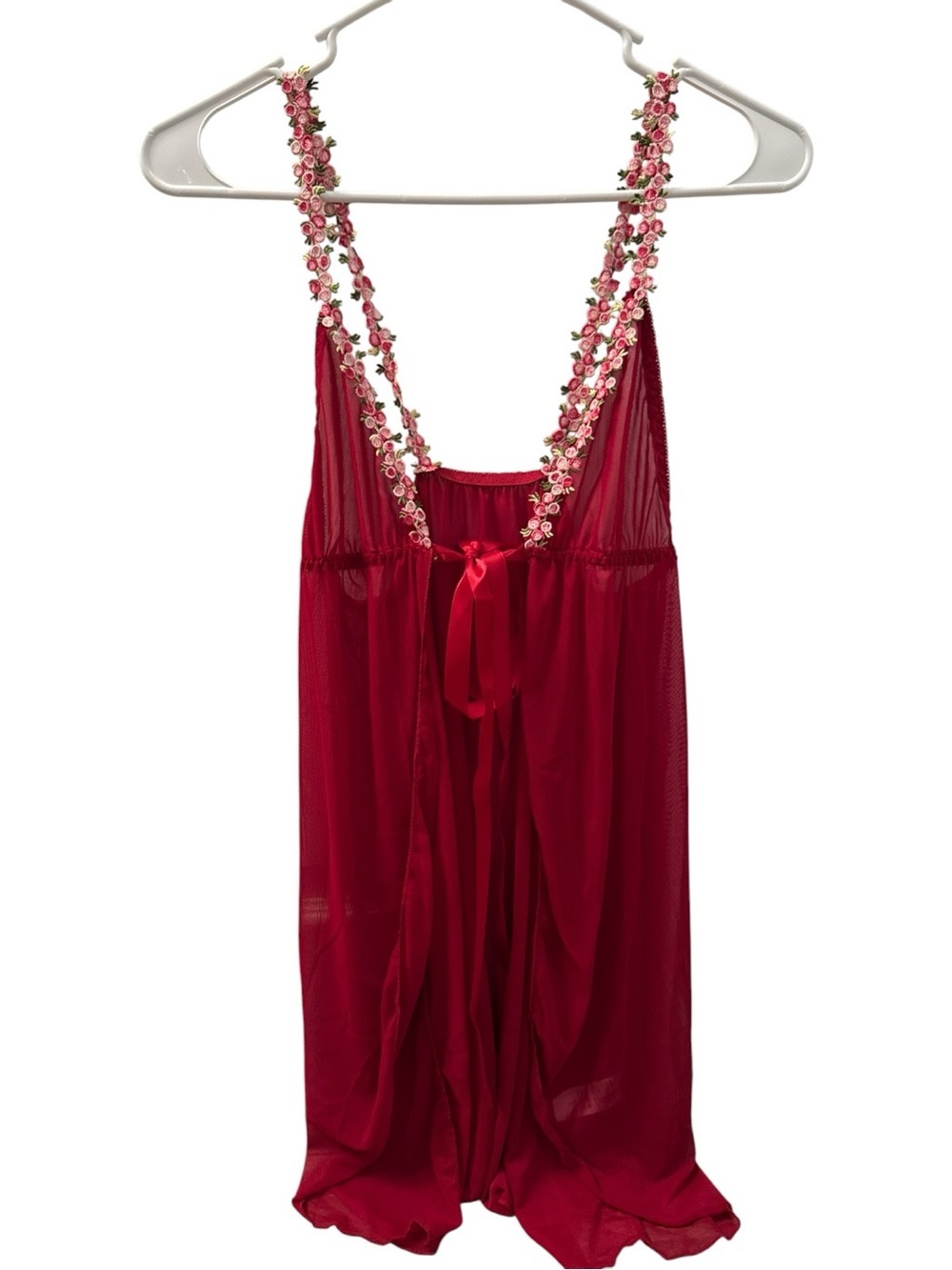 Red & Pink Floral Rose 2-Piece Sheer Matching Set Tie Front Top & Panty Size L
